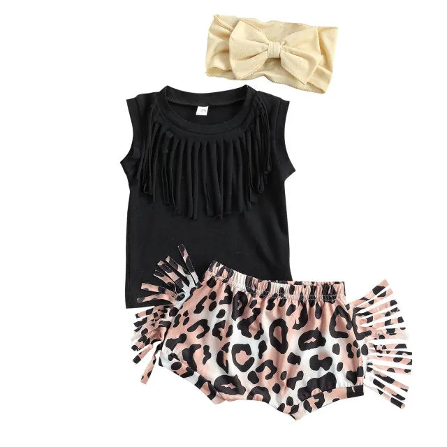 Toddler Infant Baby Girl Cotton Casual Outfits Set. Leopard Shorts plus Headband