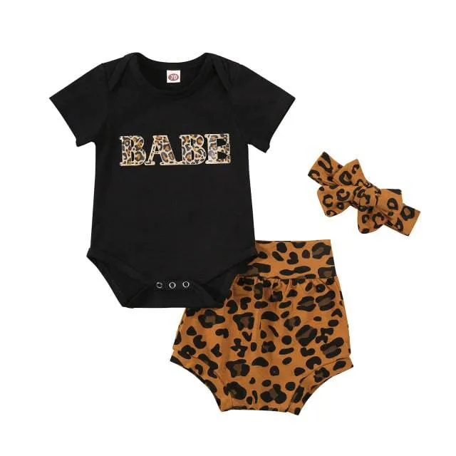 Toddler Infant Baby Girl Cotton Casual Outfits Set. Leopard Shorts plus Headband