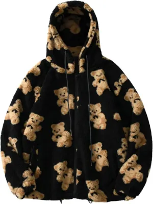 tuduoms Women's Sherpa Zip Up Hoodies Cute Bear Graphic Oversized Fleece Sweatshirts Warm Winter Trendy Jacket for Teen Girls