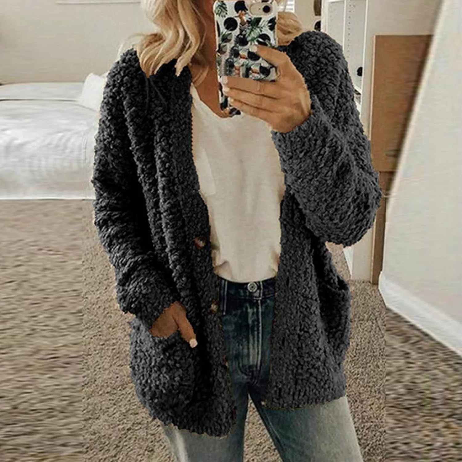 Winter Coat for Women 2024 Soft Fleece Jacket Fuzzy Sherpa Cardigan Open Front Fleece Button Down Warm Casual Sweater