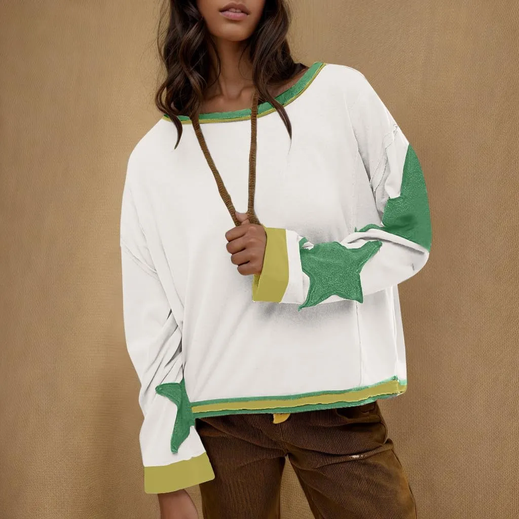Womens Oversized Star Hoodies Long Sleeve Casual Shirts Drop Shoulder Vintage Graphic Pullover Sweatshirt Y2k Tops
